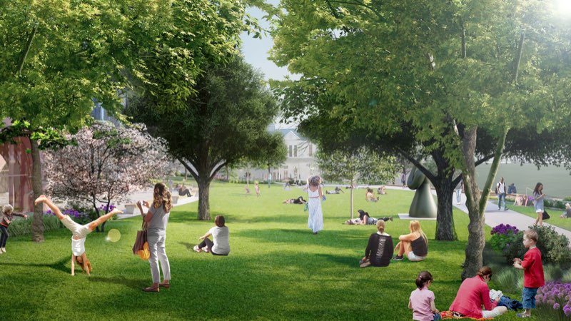 Rendering of a sunlit Wagner Park lawn under full-grown shade trees, a child cartwheeling and people picnicking and strolling across the grass